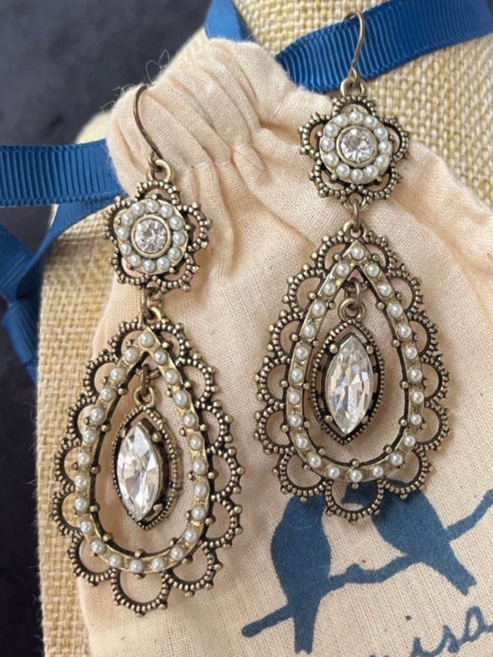 Chloe + Isabel 💙💛 ICONIC Filigree Earrings Clear Crystals New w/ Original Pouch